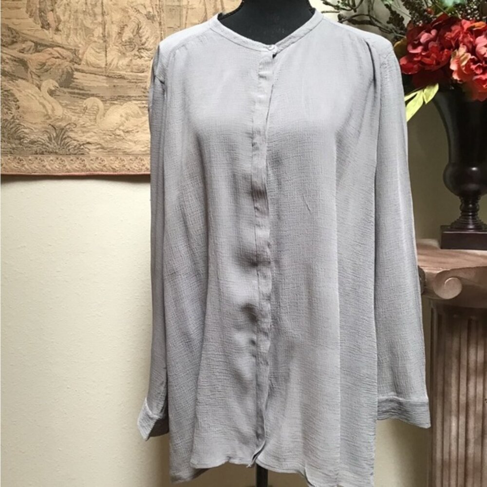 EILEEN FISHER GRAY, semi sheer top, XL, round neckline, long sleeve, button
